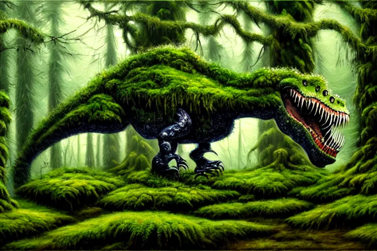 Image similar to highly detailed oil painting of a mossy tire sculpture of a tyrannosaurus in the forest, featured on pixiv