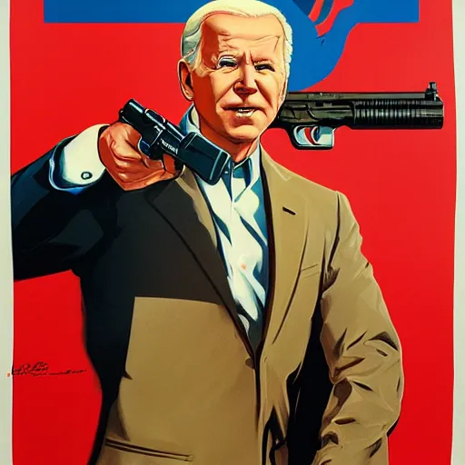 Image similar to propaganda poster of joe biden pointing gun directly at camera in james bond movie, closeup of gun, visible barrel and grip by j. c. leyendecker, bosch, lisa frank, jon mcnaughton, and beksinski