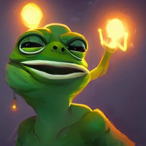 Image similar to super rich happy pepe the miner, greg rutkowski, artstation