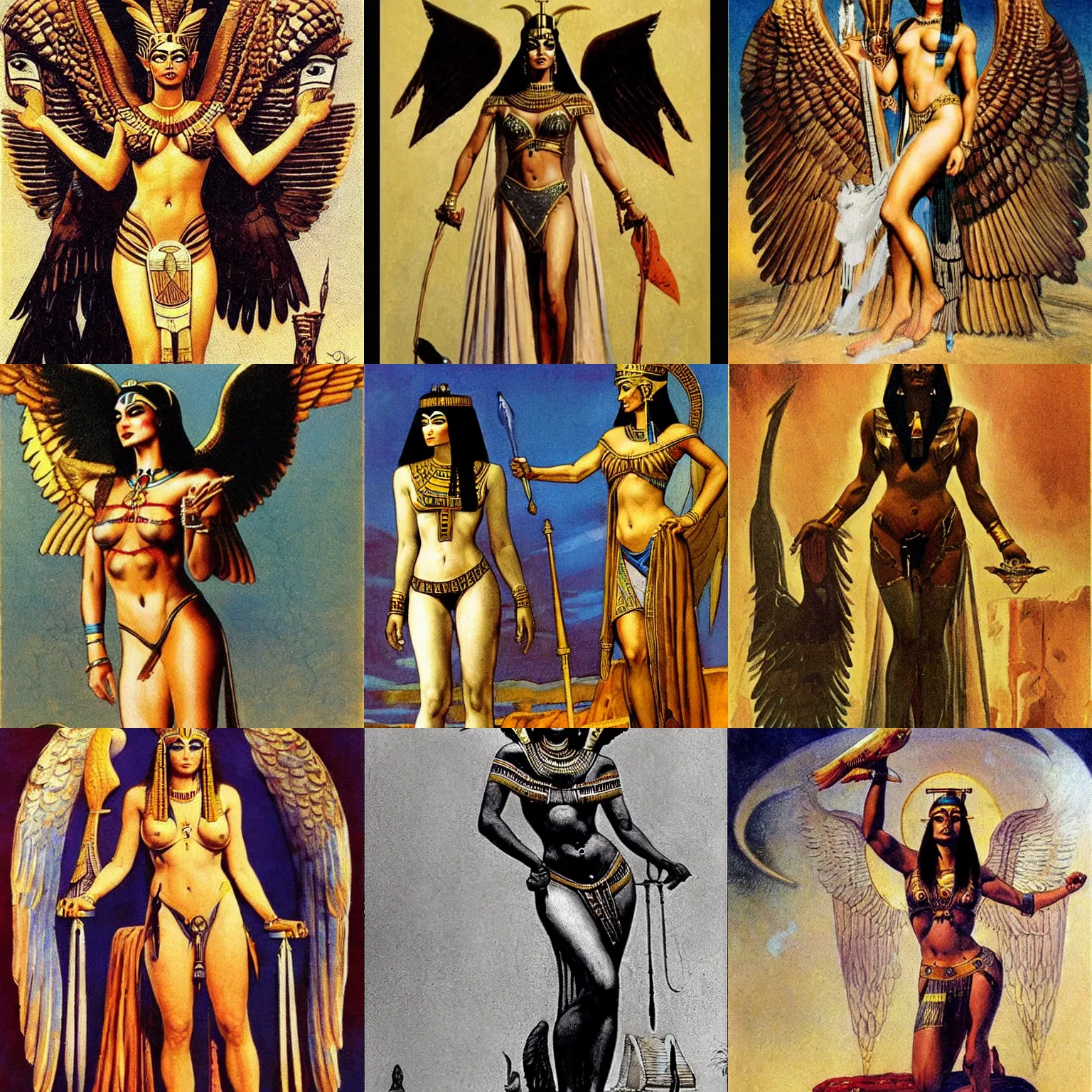 Prompt: egyptian high priestess channeling the goddess isis, illustration by frank frazetta