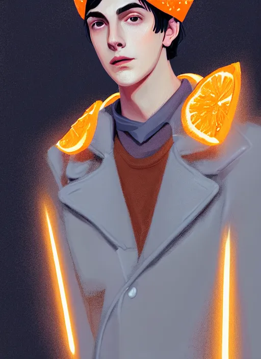 Image similar to portrait of teenage jughead jones wearing a light grey crown, crown, hamburger background, eyes closed, crown, black hair, orange, intricate, elegant, glowing lights, warm lighting, highly detailed, digital painting, artstation, concept art, smooth, sharp focus, illustration, art by wlop, mars ravelo and greg rutkowski