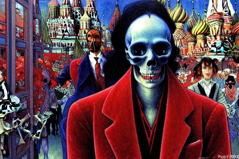 Image similar to realistic detailed closeup portrait painting of a single skeleton wearing red velvet blazer in a crowded futuristic moscow street by Jean Delville, Amano, Yves Tanguy, Alphonse Mucha, Ernst Haeckel, Edward Robert Hughes, Roger Dean, rich moody colours, blue eyes