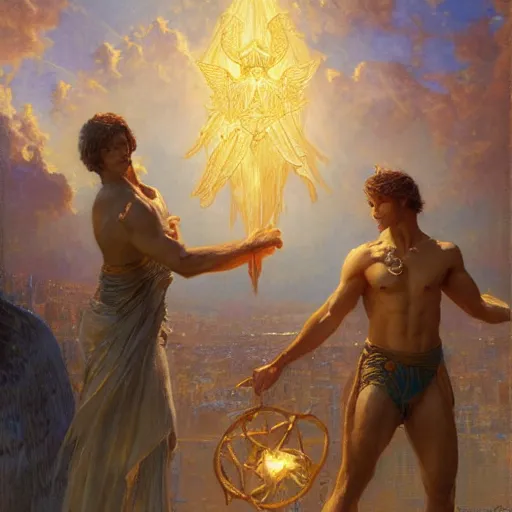 Image similar to attractive male deity casts light spell, summons attractive male lucifer morningstar. highly detailed painting by gaston bussiere, craig mullins, j. c. leyendecker 8 k