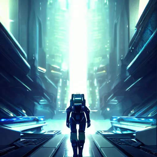 Image similar to cyberpunk halo character walking on a space bridge, close shot, reflection, epic, dramatic, cinematic, award winning, ultra detailed, realistic