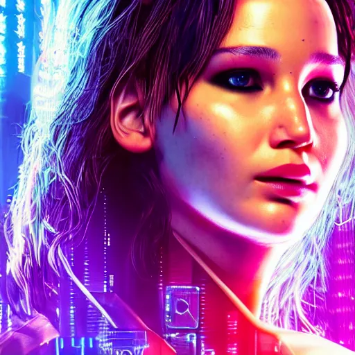 Image similar to jennifer lawrence portrait, cyberpunk 2 0 7 7, cyberpunk judy alvarez, photorealistic, ultra detailed, neon, octane, bokeh, cinematic lighting, cyber, cyberpunk city, studio quality, feature, scars, cyberface, 8 k