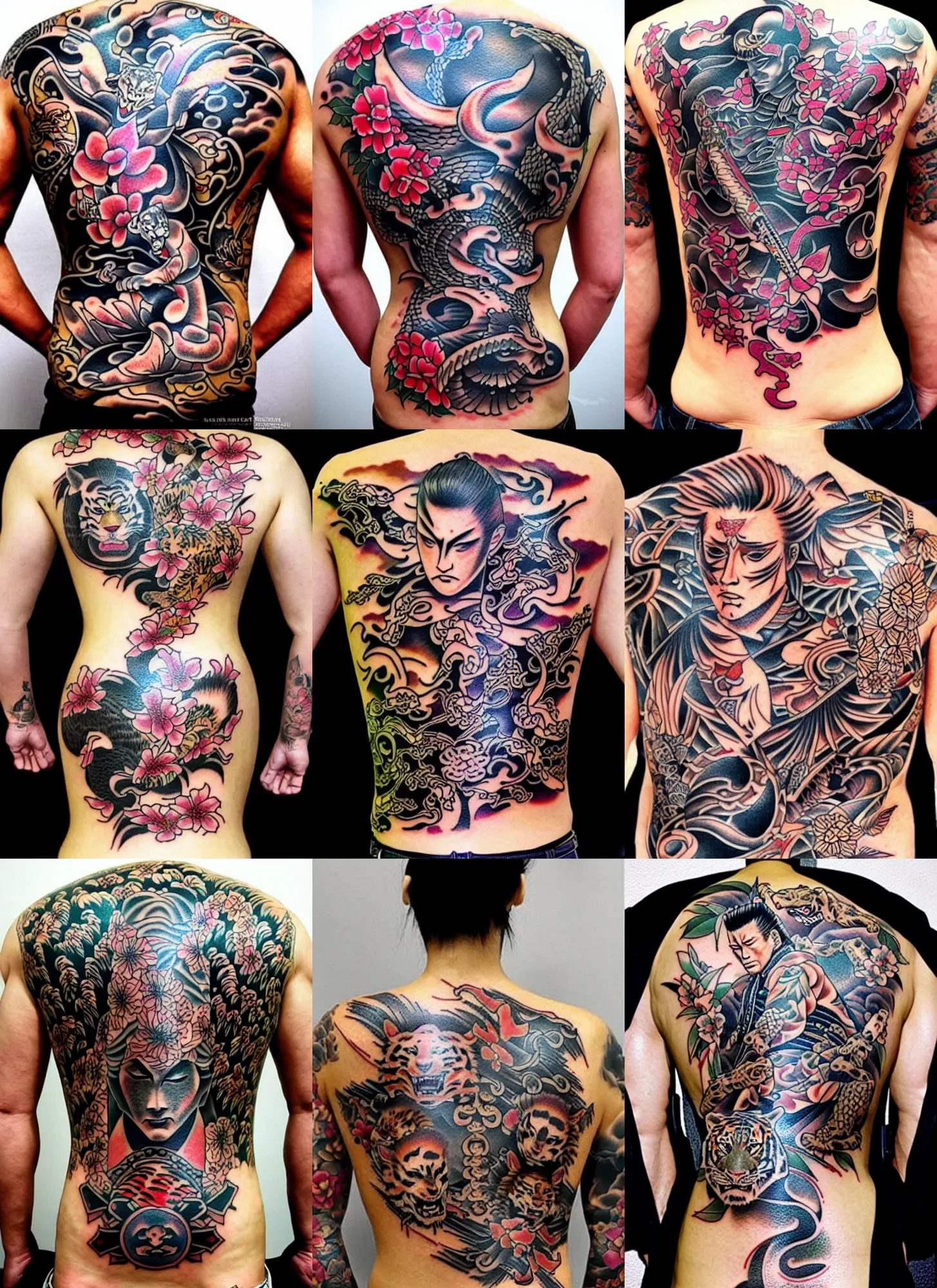 Prompt: yakuza tattoos on a female back with intricate designs with tigers, featuring christopher walken as a samurai, amazing detail, sharp, dynamic lighting