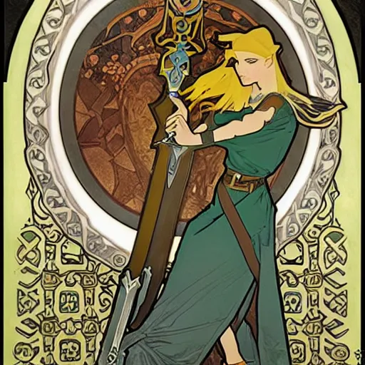 Prompt: The Legend of Zelda Pulling the only sword-in-the-stone art by alphonse mucha and Monia Merlo and Raymond Swanland