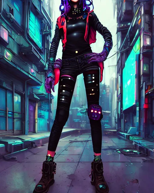 Prompt: concept art of a cyberpunk girl, wearing tight futurstic punkrock clothes, standing in a cyberpunk alley | | cute - fine - fine details by stanley artgerm lau, wlop, rossdraws, james jean, andrei riabovitchev, marc simonetti, and sakimichan, trending on artstation