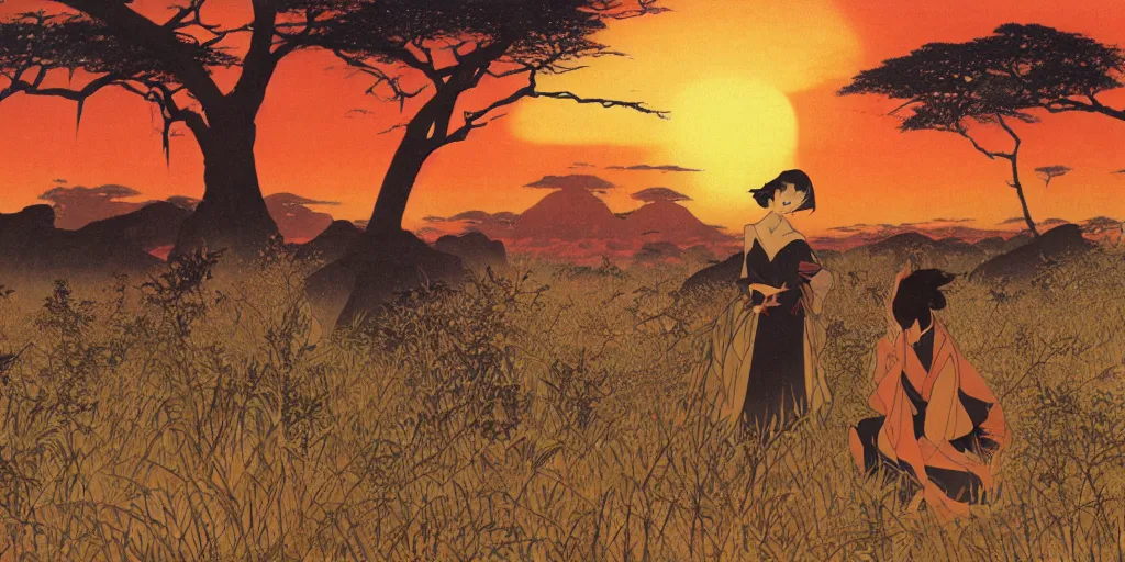 Image similar to anime woman in the savannah at golden hour by kitano tsunetomi, 1 9 3 9