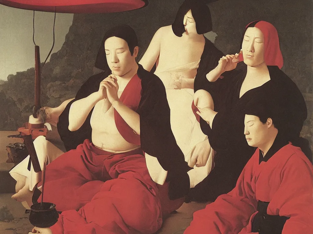 Image similar to portrait of man and woman in zen meditation, with giant lollipop. painting by georges de la tour