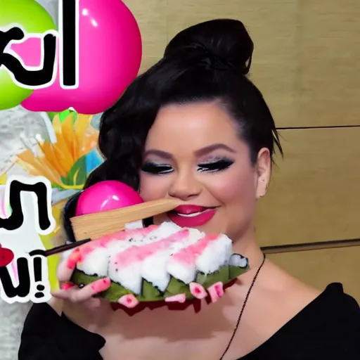 Image similar to trisha paytas eats sushi made out of birthday cake, mukbank, tumbnail