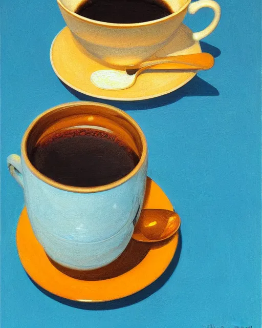 Prompt: 'brain sitting in cup of coffee' by michael sowa, still life, far shot, blue background, vibrant, brain, realism, top-down view