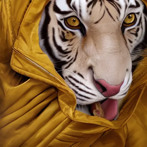 Image similar to a beautfiul award winning aesthetic commission of an antrho albino tiger wearing a yellow-black padded hooded puffer jacket,digital art,art by greg rutkowski,character design by charles bowater,ross tran,photorealistic,detailed face,hyperdetailed,western comic,2021,artstation,deviantart,cg society,3d render