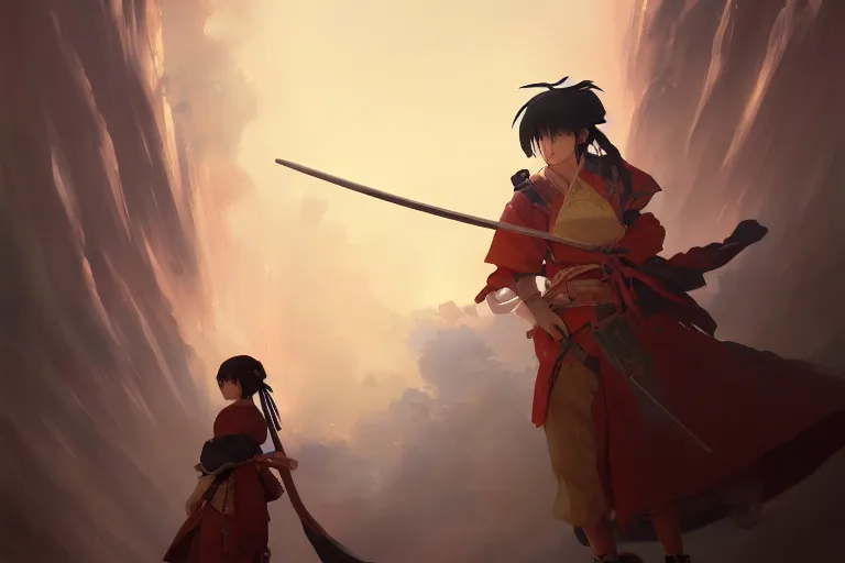 Image similar to baroque oil painting of anime key visual concept art of a samurai girl, very anime, stars vackground, trending on artstation, oil on canvas, style of makoto shinkai greg rutkowski studio ghibli