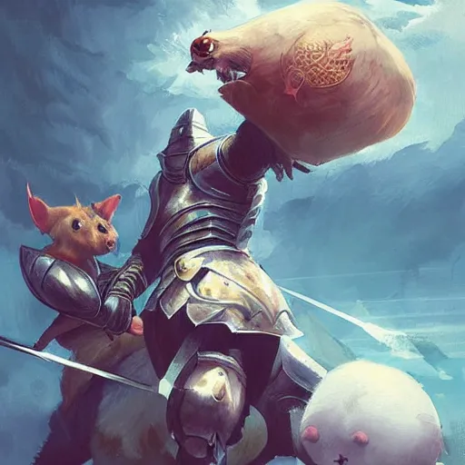 Image similar to a knight fighting a giant hamster, painting by ross tran