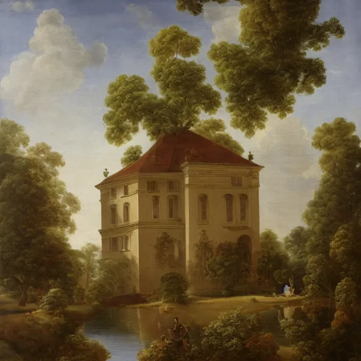 Prompt: a building in a serene landscape, rococo art