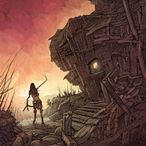 Prompt: precisely drawn illustration of a warrior exploring an old dark barn, wide angle, sharp, fine details, French comic style, vibrant realistic colors, full color, heroic fantasy, intense line art, 8k, precise linework, realistic, in the style of Heavy Metal Comics and Richard Corben and Moebius