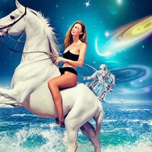 Image similar to beautiful women in bikini riding a horse through space, realistic, colorful, pretty