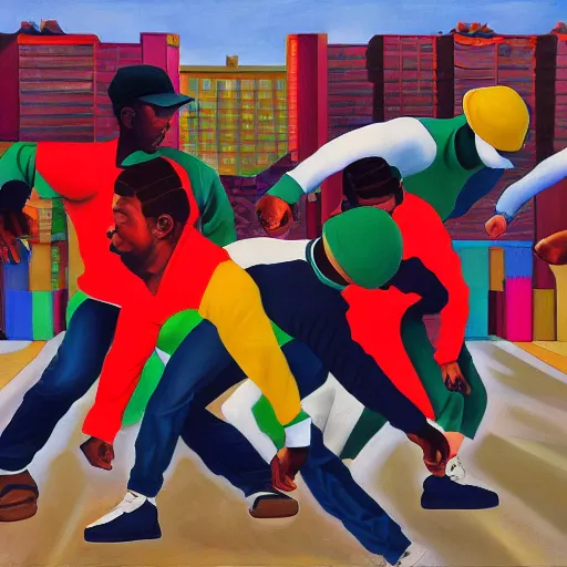 Prompt: oil painting of four breakdancers battling in the bronx in 1984, by Diego Rivera, vibrant, energetic, hyperrealistic, trending on artstation