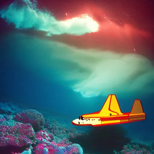 Prompt: dreamlike film photography of a 1980s wooden space shuttle at night underwater in front of colourful underwater clouds by Kim Keever. In the foreground floats a seasnake. low shutter speed, 35mm