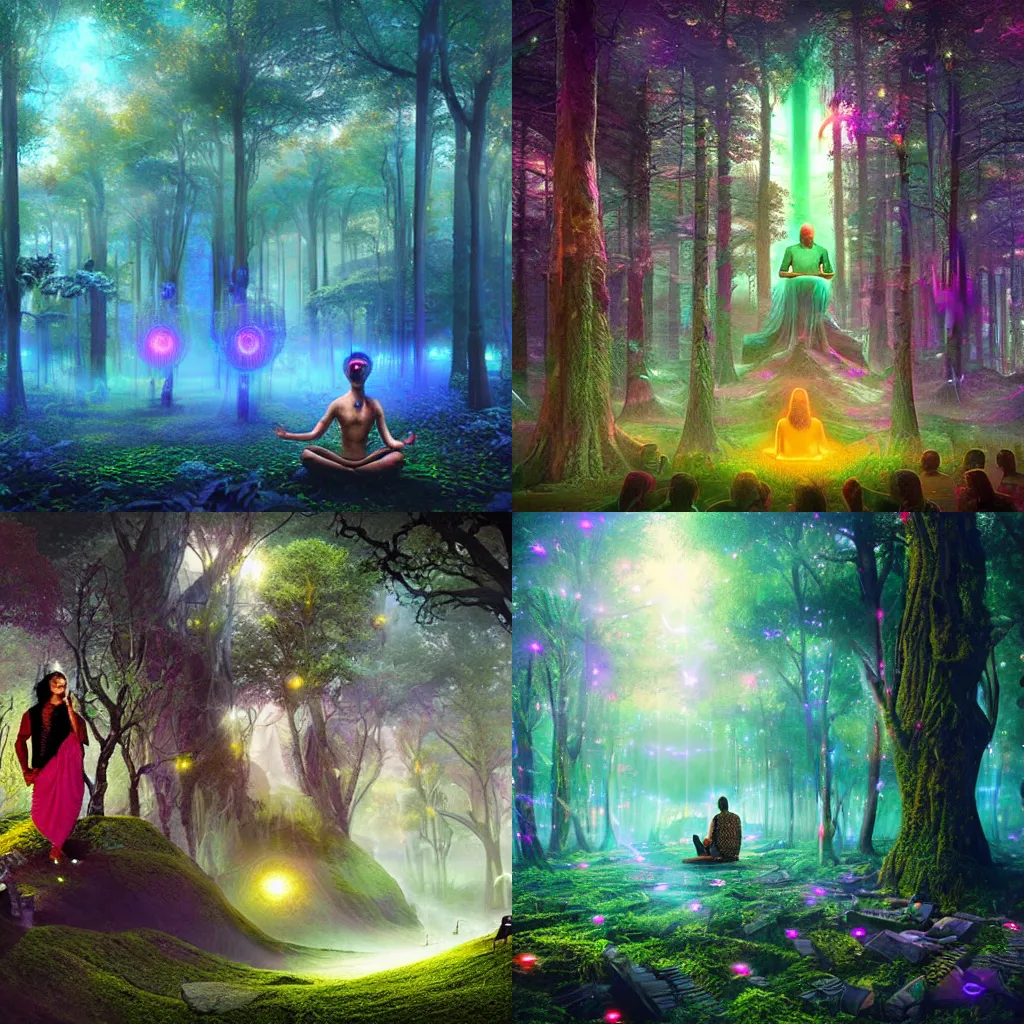 Prompt: vedic dissidents retreating to an online digital cyberdelic forest to meditate on the future of mankind, matte painting by ross tran