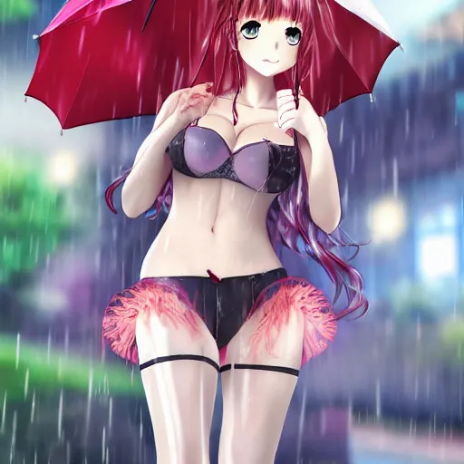 prompthunt: anime girl walks in lingerie and pantyhose in the rain with an  umbrella, red curly hair in pigtails with an elastic band, rain, full HD, 8k