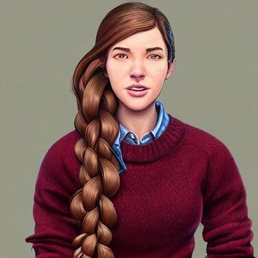 Prompt: an insanely detailed realistic depiction of smiling beautiful jodi from stardew valley standing in the aisel of a supermarket haid is in side braid wearing burgundy sweater and denim jeans, auburn hair, pretty brown eyes, in the style of peter mohrbacher, artgerm, dramatic lighting and composition, octane render, trending on artstation, concept art 8 k