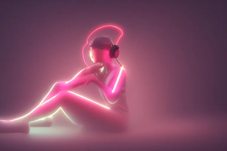 Image similar to a cute girl wearing headphones sitting on a cloud relaxing, misty, glows, blender render, hazy, foggy, red lighting, ambient lighting, 8 k, neon, synthwave, cyberpunk,