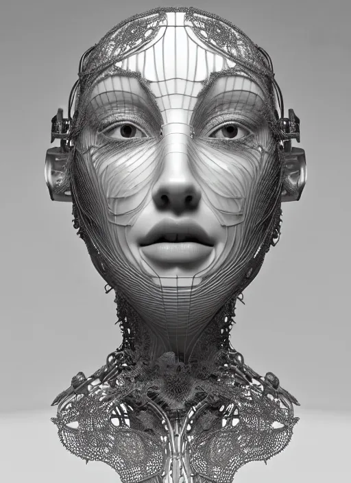 Image similar to complex 3d render ultra detailed of a beautiful porcelain profile woman face, mechanical cyborg, 150 mm, beautiful natural soft light, rim light, silver gold details, magnolia big leaves and stems, roots, fine foliage lace, maze like, mesh wire, intricate details, hyperrealistic, ultra detailed, mandelbrot fractal, anatomical, white metal neocubism armor, facial muscles, cable wires, microchip, elegant, octane render, H.R. Giger style, 8k