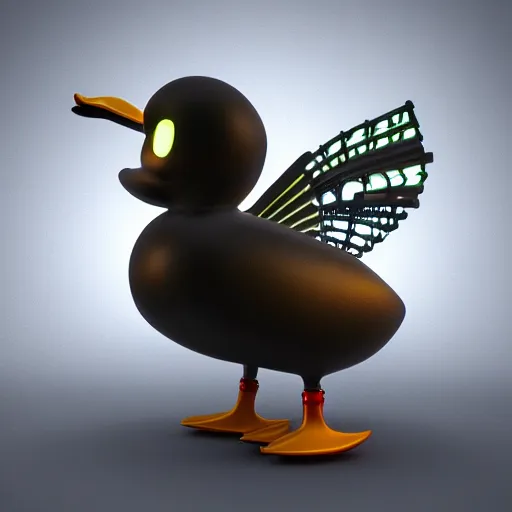 Prompt: a biomechanical duck, cybertronic, glowing eyes, octane render, large wings