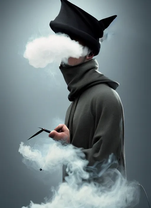 Image similar to an anthropomorphic beautiful male scientist portrait blowing smoke wearing black hoodie robe, binocular, fine art, award winning, intricate, elegant, sharp focus, octane render, hyperrealistic, wizard hat cinematic lighting, highly detailed, digital painting, 8 k concept art, art by jamie hewlett and z. w. gu, masterpiece, trending on artstation, 8 k