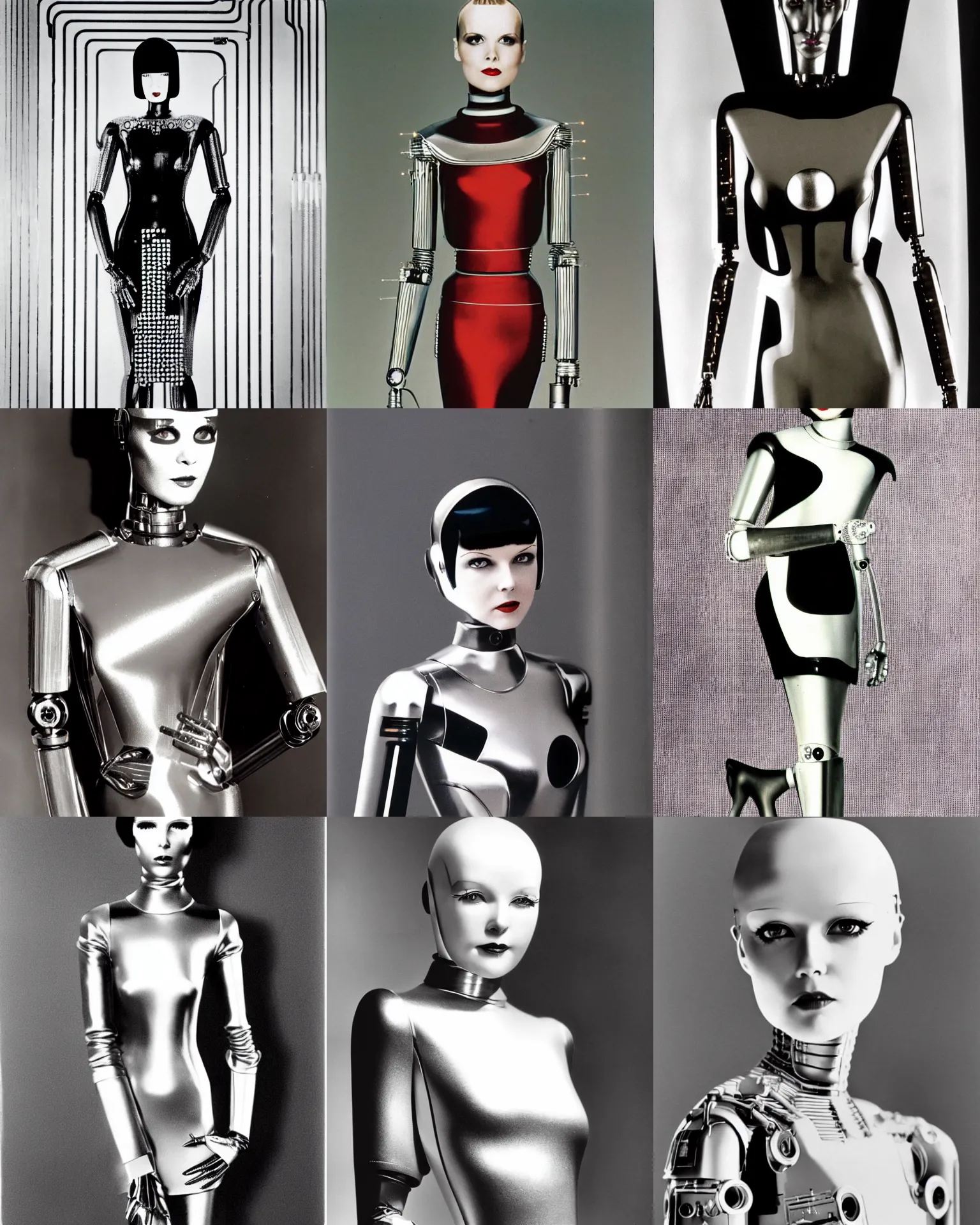 Prompt: mary louise brooks is half robot, chrome skin, robot arm, 1 9 8 0 s airbrush, clean lines, futuristic, blade runner eyes, dress made with circuit board, silver and red