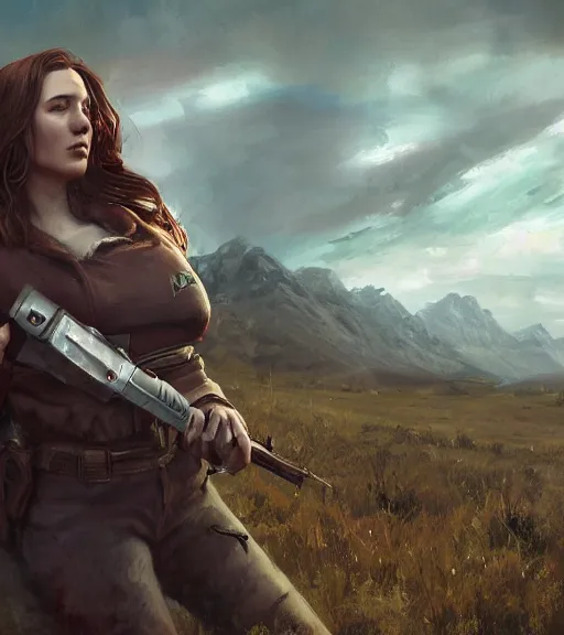 Prompt: fallout 5, charismatic beautiful armoured rugged brunette female protagonist, portrait, outdoors alaskan wilderness, atmospheric lighting, painted, intricate, volumetric lighting, beautiful, daytime, sunny weather, few clouds, sharp focus, deep colours, ultra detailed, art by leesha hannigan, ross tran, thierry doizon, kai carpenter, ignacio fernandez rios