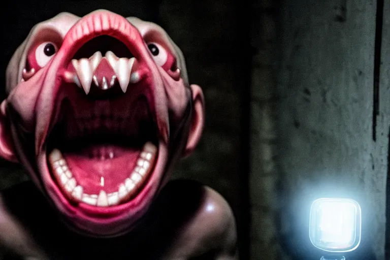 Image similar to A vile creature in the dark is illuminated by a flashlight, scary scene, top horrible creature, horrible, horrors filmed on camera, teeth fangs and drool, jaw and tongue, man is terrified, fear, scream, terror, darkness, basement, 8k, hyper-realistic, ray tracing, night, flashlight