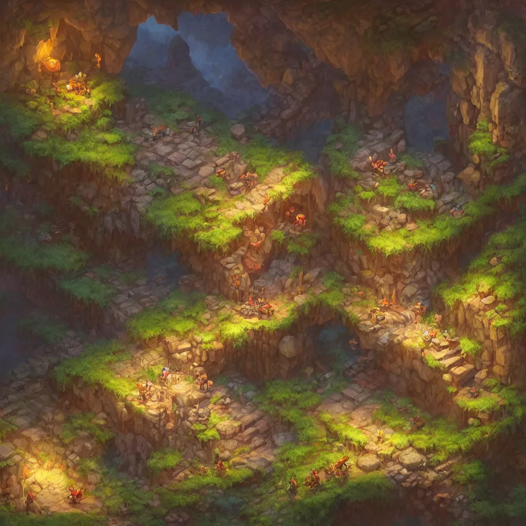 Prompt: a digital painting of an isometric cave environment by justin gerard, paul bonner, highly detailed, volumetric lighting, digital art, isometric, artstation hd