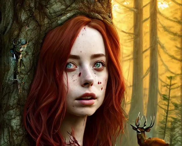 Image similar to surrounded by trees, realistic character concept, gorgeous Kacey Rohl, red hair, small freckles, symmetrical face, symmetrical eyes, full body, covered in blood, dark forest, trees, shorter neck, cinematic lighting, Joshua Middleton and artgerm, Wendigo creature with antlers and a deer skull face lurking in the background, fear anxiety terror