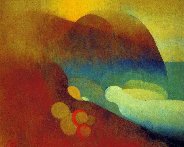 Prompt: A wild, insane, modernist landscape painting. Wild energy patterns rippling in all directions. Curves, organic, zig-zags. Saturated color. Mountains. Clouds. Rushing water. Waves. Psychedelic dream world. Odilon Redon.