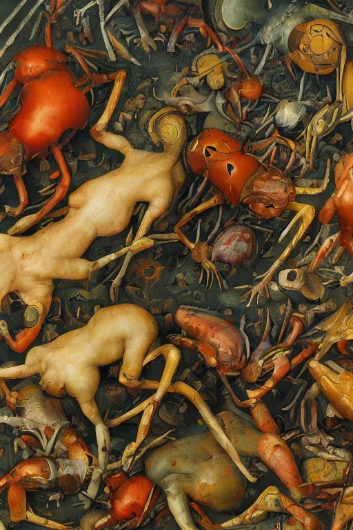 Prompt: hyperrealistic abstract close - up renaissance psychedelic!! on the canvas of pieter brueghel cybernetic spiders!!! the figures of women are crawling along the slug!!! octane render, hd