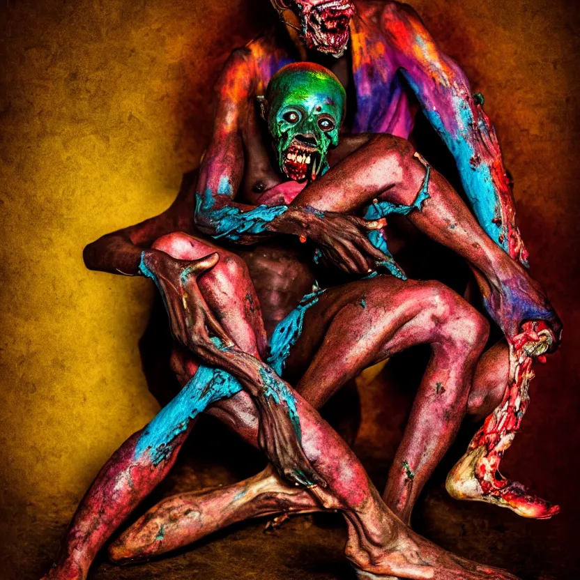 Image similar to a very colorful and beautiful ( flesh - eating ) tsikalawa, eating the leg of a terrified man, by alexandro judorowski and basia tran, fear, morbid, nightmare, supernatural, 8 k, digital art, highly detailed, chiaroscuro, creepy, terrifying