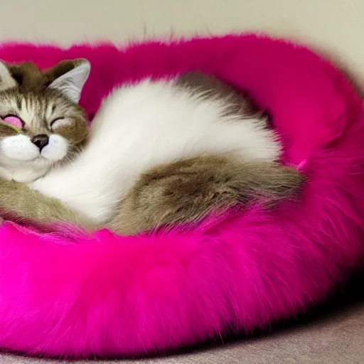 Prompt: pink furred cat sleeping in a fluffy bed