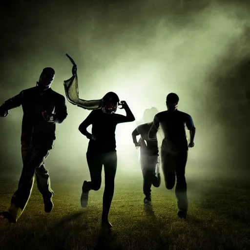 Prompt: cinematic lighting photograph of proffesional Ghost hunters running away from a person wearing a haloween ghost costume chasing them