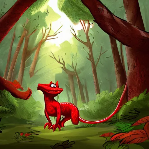Prompt: red kobold walking through the forest art by matt wilson
