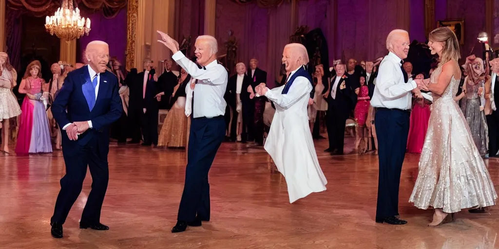 Prompt: president biden dancing in a princess ball with donald trump, high detail