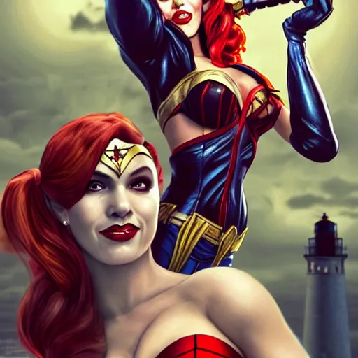 Prompt: perfectly-centered-full-shot photo of Harley Quinn with Poison Ivy & Wonder Woman Pinup Girl Poster, looking out towards a lighthouse, big bust, intricate, elegant, super highly detailed, professional digital painting, artstation, concept art, smooth, sharp focus, no blur, no dof, extreme illustration, Unreal Engine 5, 8K, art by artgerm and greg rutkowski and alphonse mucha and loish and WLOP