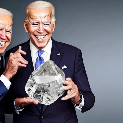 Image similar to UHD candid photo of Joe Biden and Hunter Biden holding up a giant quartz crystal, wearing clown makeup, UHD, photorealistic, correct face, photo by Annie Leibowitz