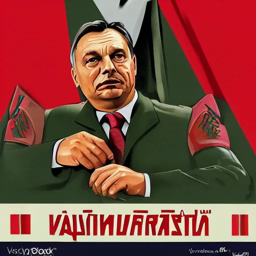 Image similar to hungarian prime minister viktor orban sitting on the knee of joseph stalin, propaganda poster art, highly detailed, colored