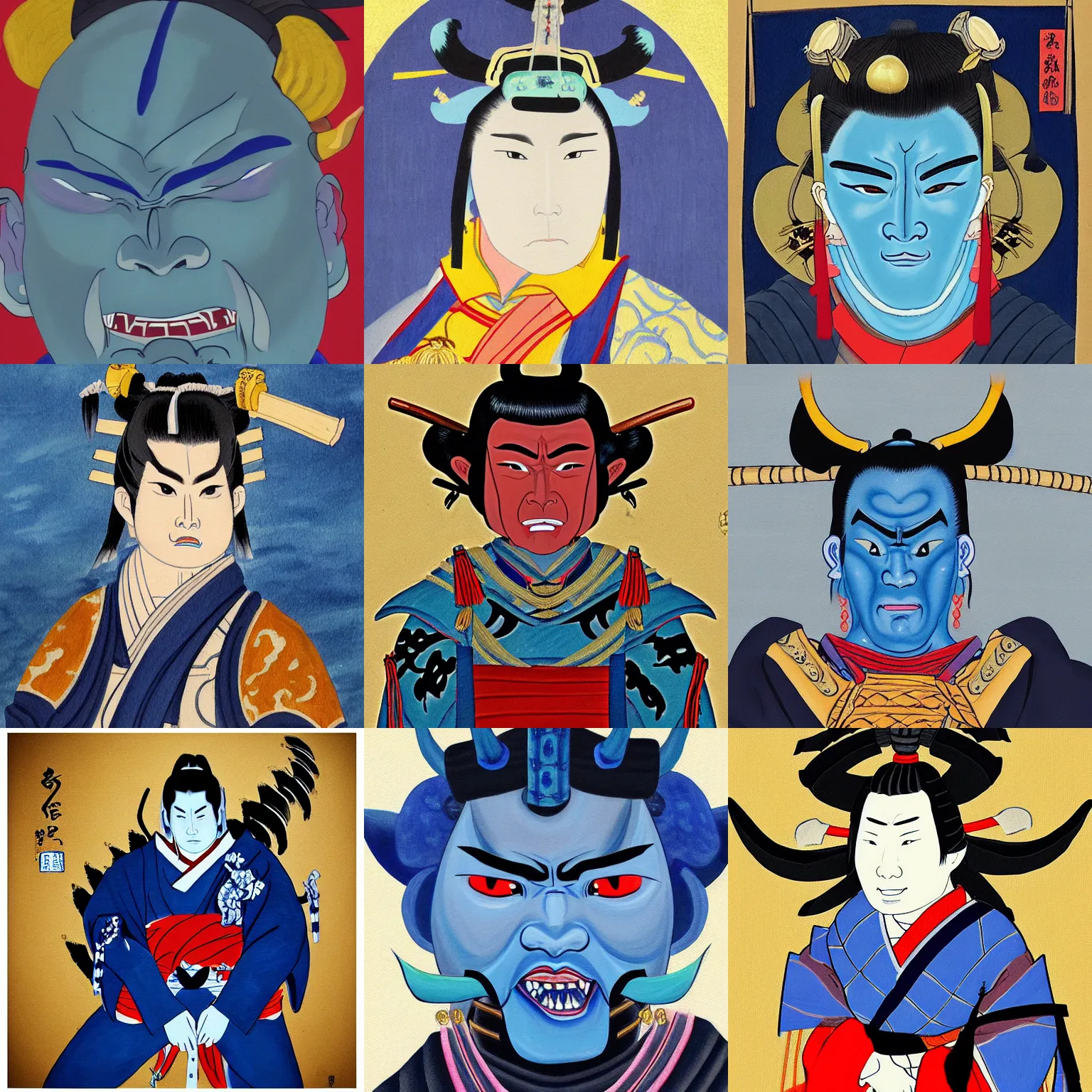 Prompt: a painting of a tokugawa era samurai but a blue oni demon 鬼 👹 official portrait