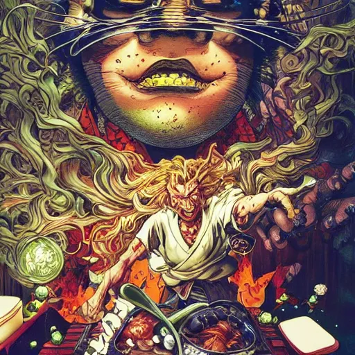 Prompt: crazy chef, by yoichi hatakenaka, masamune shirow, josan gonzales and dan mumford, ayami kojima, takato yamamoto, barclay shaw, karol bak