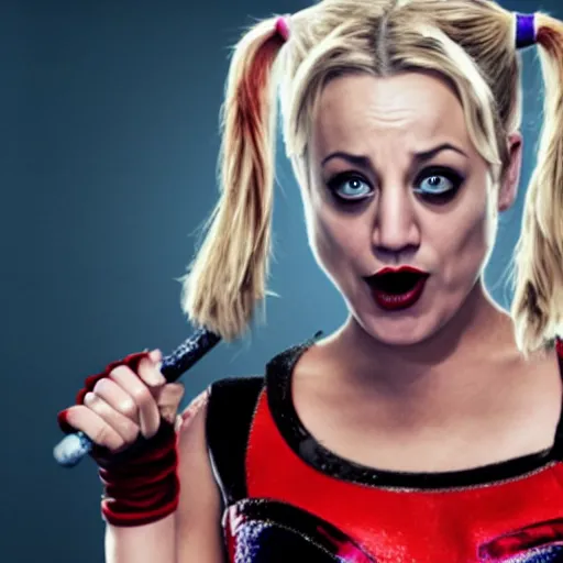 Prompt: A still of Kaley Cuoco as Harley Quinn