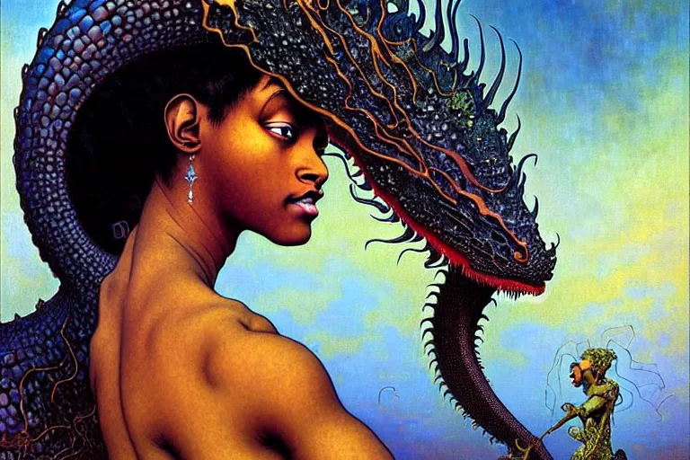 Image similar to realistic extremely detailed closeup portrait painting of a beautiful black woman, mutant dragon and a single old house on background by Jean Delville, Amano, Yves Tanguy, Ilya Repin, Alphonse Mucha, Ernst Haeckel, Edward Robert Hughes, Roger Dean, rich moody colours